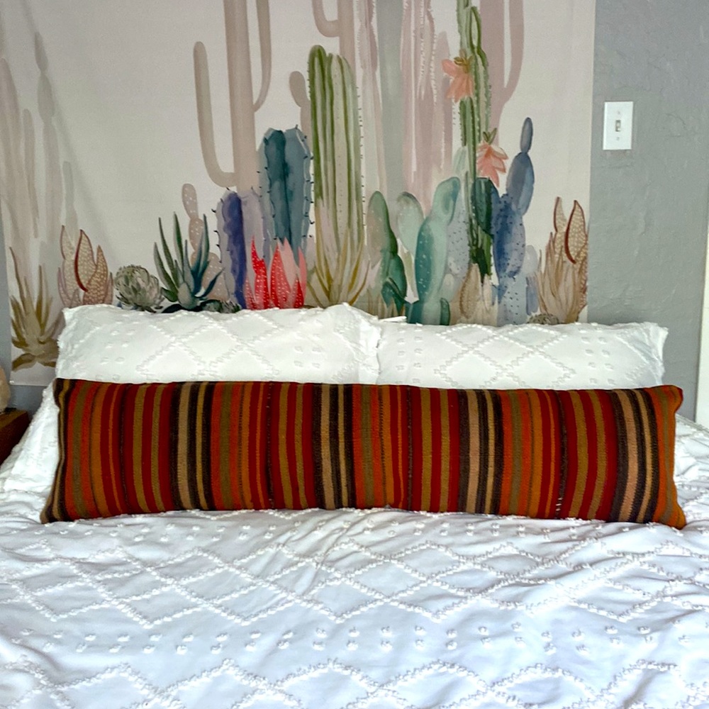 Authentic Turkish Kilim Pillow Cover 12x48, Red, Orange, Yellow, Grey Striped